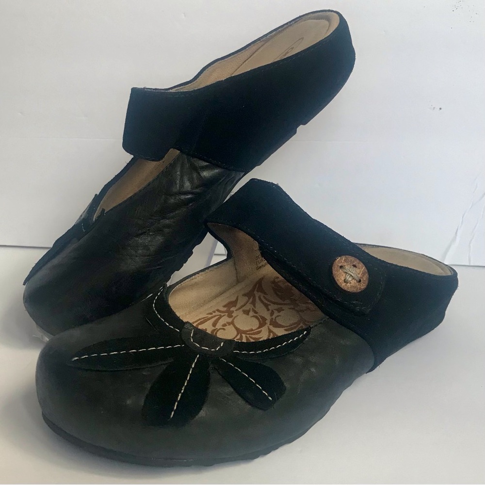 Aetrex Mary Jane Black Leather Floral Embroidered Slip On Mule Clog 7